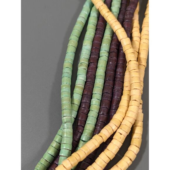 Tribal Yellow Green Brown Stacked Wood Bead Mulit Strand Long Necklace 28" - Picture 7 of 8